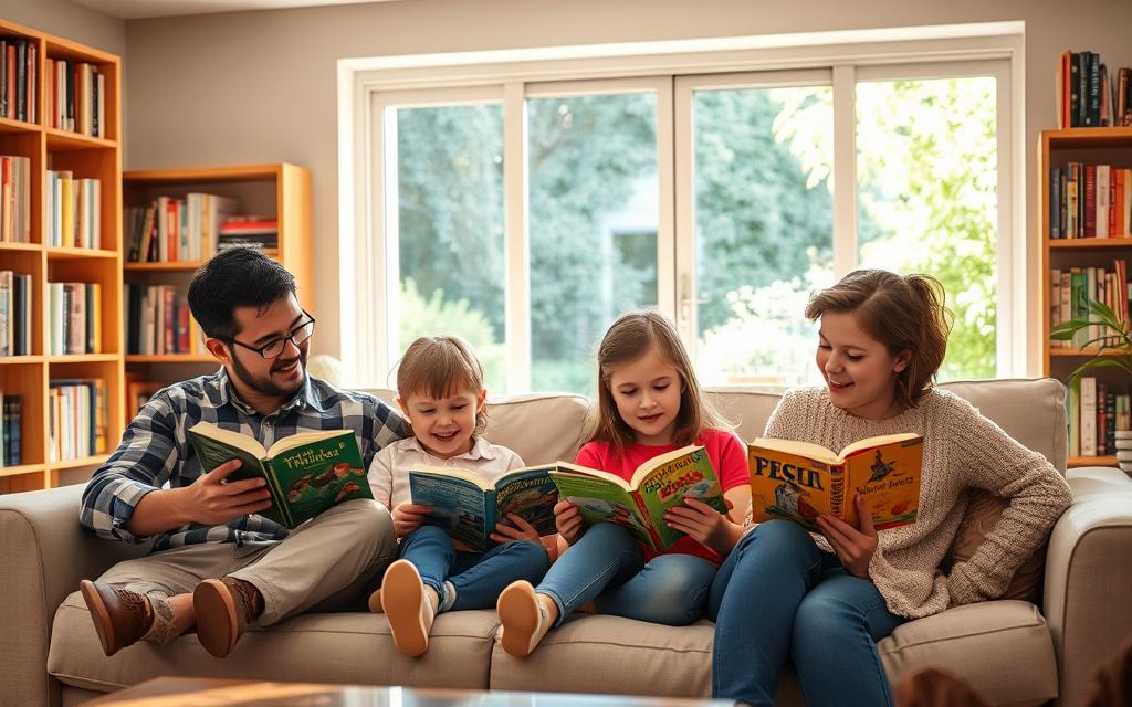 A bright, sun-drenched living room with a large, cozy couch. In the foreground, a family of four - parents and two young children - sits together, reading books and engaging in lively discussion. The children's faces are animated, their eyes alight with curiosity and wonder. In the middle ground, bookshelves line the walls, filled with a diverse array of literature. The lighting is warm and inviting, casting a soft glow over the scene. In the background, a large window frames a lush, verdant garden, emphasizing the sense of a nurturing, enriching environment. The overall atmosphere conveys the joy, connection, and intellectual stimulation of family literacy.