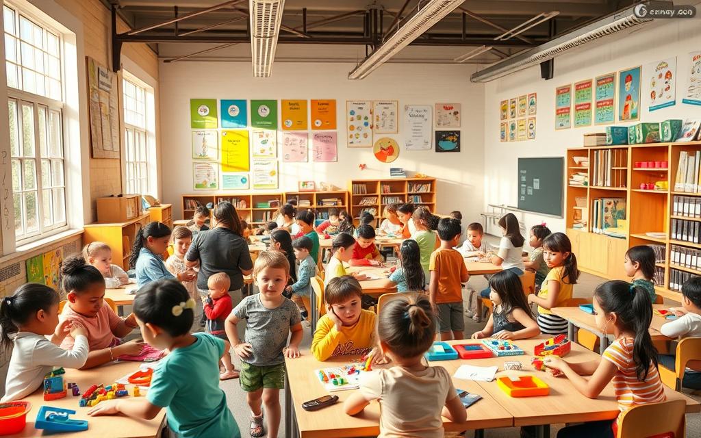 A bustling classroom filled with vibrant learning stations. Energetic children engaged in hands-on educational activities, surrounded by colorful manipulatives and educational posters on the walls. Warm, natural lighting filters through large windows, casting a soft glow on the scene. In the foreground, a teacher guides a small group, encouraging their curiosity and discovery. In the middle ground, students work collaboratively at tables, exploring STEM kits and arts and crafts projects. The background depicts an array of educational resources, from bookshelves to a smartboard, showcasing the comprehensive support for early learning initiatives. A harmonious, nurturing environment that fosters the holistic development of young minds.