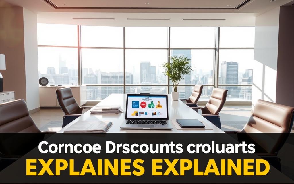 A clean, well-lit office interior with a large desk and sleek, modern furniture. On the desk, various corporate documents, brochures, and a laptop display graphics illustrating corporate discount programs. The lighting is bright and natural, with large windows overlooking a cityscape in the background. The overall atmosphere conveys a sense of professionalism, efficiency, and the importance of understanding corporate discount opportunities. The focus is on visually communicating the concept of "Corporate Discounts Explained" in a clear, informative manner.
