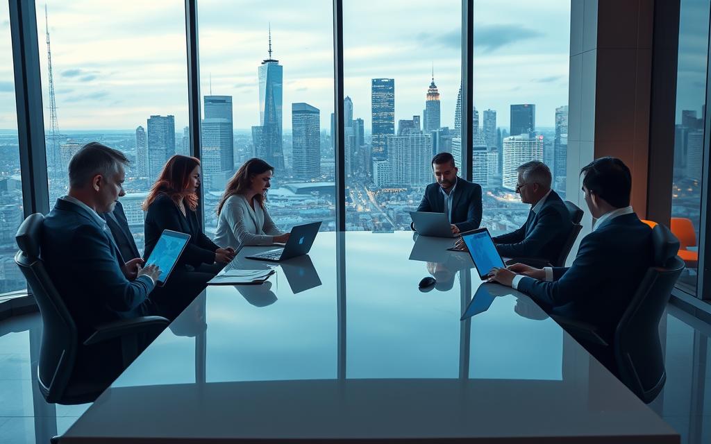 A corporate office interior with a large window overlooking a city skyline. In the foreground, a group of business professionals engaged in a cybersecurity presentation, their faces illuminated by the glow of laptops and tablets. The middle ground features a sleek, minimalist conference table surrounded by ergonomic chairs. The background showcases the bustling cityscape outside, with towering skyscrapers and glimmering lights, suggesting the interconnectedness of the digital and physical realms. The scene is bathed in a warm, professional lighting, creating an atmosphere of focus and diligence. The overall composition conveys the importance of cybersecurity awareness in the modern business landscape.