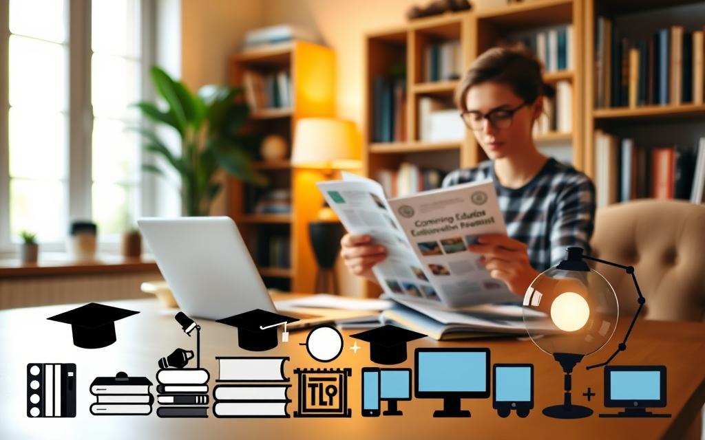 A cozy home office with a desk, laptop, and bookshelves in the background. On the desk, a person is carefully examining brochures and documents, considering different continuing education program options. The lighting is warm and inviting, creating a thoughtful, contemplative atmosphere. In the foreground, a variety of icons and symbols representing different fields of study, such as books, graduation caps, and computer screens, suggest the diverse range of continuing education opportunities available. The overall scene conveys the process of researching and selecting the right continuing education program to further one's personal and professional goals.