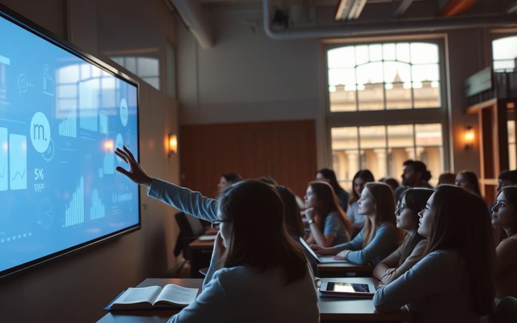 A dimly lit classroom, students gathered around a large touchscreen display, their faces illuminated by the soft glow of the screen. In the foreground, a teacher gestures animatedly, their hands interacting with the digital interface. The middle ground features a mix of physical and virtual learning materials - textbooks, tablets, and holographic projections. The background showcases a blend of traditional and modern architectural elements, suggesting a hybrid learning environment. The overall scene conveys a sense of innovation, collaboration, and the challenges of integrating technology into education.