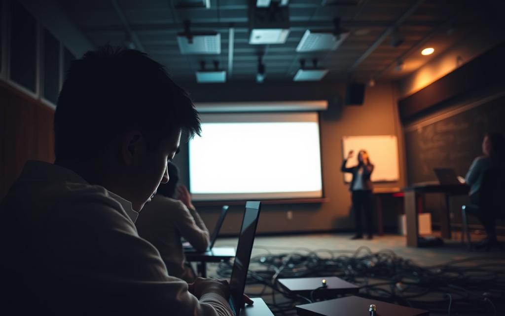 A dimly lit classroom, with a projection screen casting an eerie glow. In the foreground, a student struggles to focus, their eyes strained from the glare of a laptop screen. The middle ground reveals a tangle of cables snaking across the floor, a symbol of the technological complexities plaguing the learning environment. In the background, the teacher appears overwhelmed, their hands raised in a gesture of frustration, highlighting the challenges of adapting to the rapid pace of technological change. The atmosphere is one of tension and uncertainty, reflecting the difficulties of integrating technology seamlessly into the educational experience.