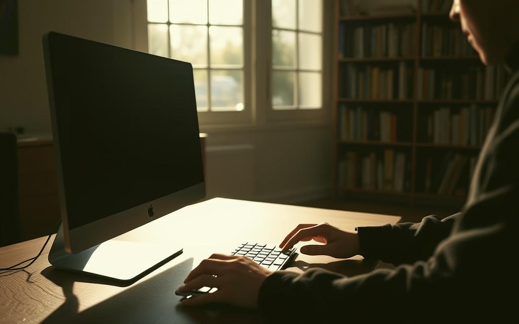 A dimly lit study with a sleek, modern computer monitor and keyboard on a minimalist wooden desk. In the foreground, a person's hands are intently scrolling through a digital reading program, their face obscured by the soft glow of the screen. Behind them, a well-stocked bookshelf casts long shadows, hinting at the intersection of traditional and digital reading. Soft, warm lighting filters in through a large window, creating a contemplative atmosphere. The overall scene conveys the idea of technology enhancing, not replacing, the immersive experience of reading.