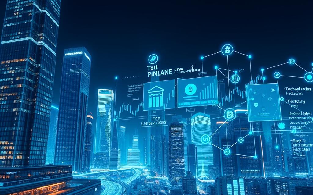 A futuristic cityscape with towering skyscrapers and gleaming glass facades, reflecting the dynamic and decentralized nature of finance in the digital age. In the foreground, a holographic interface displays real-time financial data, symbols, and decentralized applications. Floating blockchain nodes and distributed ledger technology connect the various elements, creating a seamless web of financial transactions. The scene is bathed in a cool, blue-tinted lighting, evoking a sense of technological innovation and transparency. The overall atmosphere conveys the transformative power of decentralized finance, shaping the future of the financial industry.