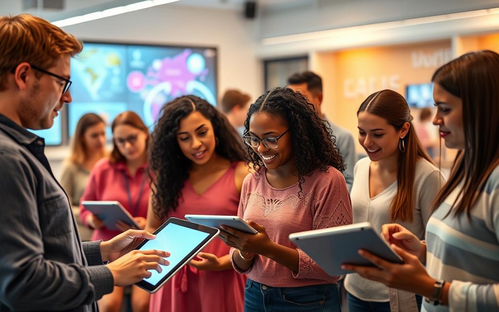 A group of diverse educators standing in a vibrant, technology-infused classroom. In the foreground, a teacher guides students through a digital learning activity on sleek tablets, their faces lit by the glow of the screens. In the middle ground, other educators collaborate, discussing lesson plans and sharing insights. The background is filled with cutting-edge educational tools and interactive displays, creating an atmosphere of innovation and discovery. Soft, directional lighting illuminates the scene, casting a warm, collaborative tone. The overall image conveys the pivotal role of educators in shaping the future of digital learning.