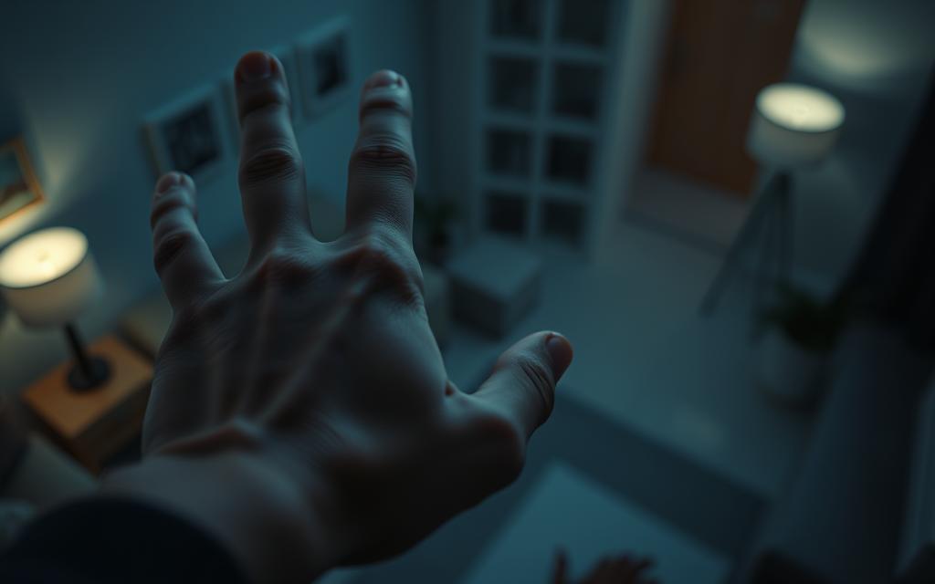 A high-angle close-up shot of a disembodied hand interacting with a sleek, minimalist voice assistant device. The device's LED lights flicker, reflecting the user's cautious expression. The background is a blurred, dimly lit domestic interior, conveying a sense of unease and privacy concerns. The lighting is soft and moody, with a cool color palette. The composition emphasizes the intimate, almost invasive nature of voice technology in everyday life. The overall mood is one of apprehension and unease, hinting at the potential privacy implications of voice assistants.