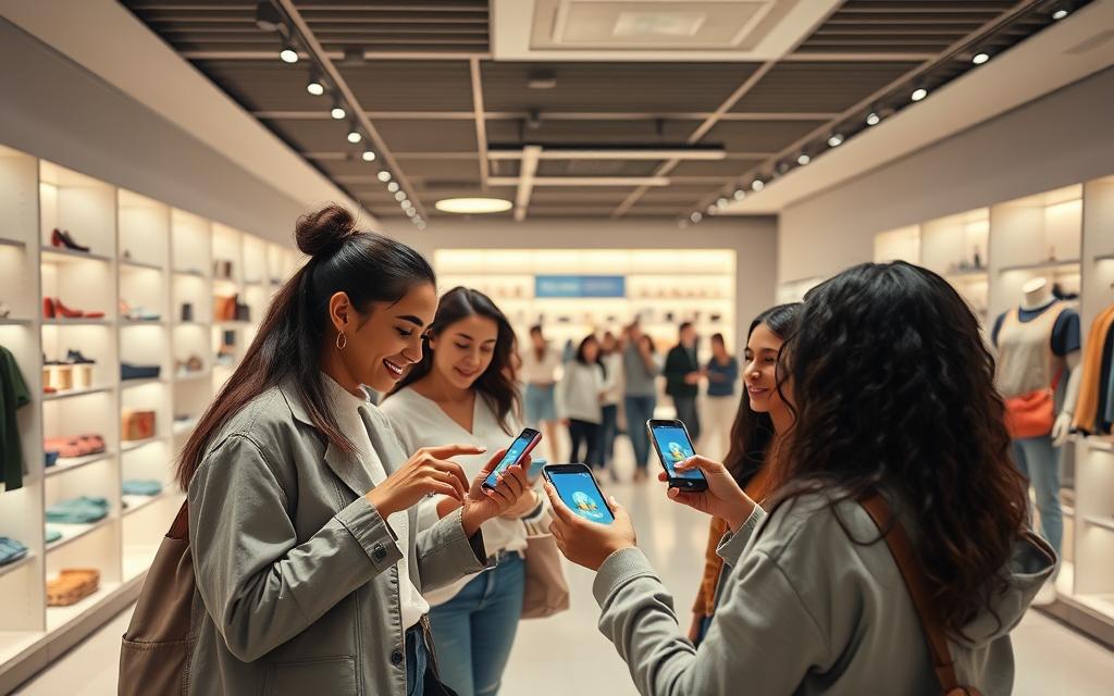 A modern, well-lit retail store interior with sleek, minimalist shelving and displays. In the foreground, a group of diverse consumers engage with virtual product models overlaid on the physical space using AR-enabled devices, their faces lit with curiosity and wonder. In the middle ground, other shoppers browse the store, some pausing to test AR features on their smartphones. The background features a seamless integration of the digital and physical realms, with subtle AR elements enhancing the overall shopping experience.
