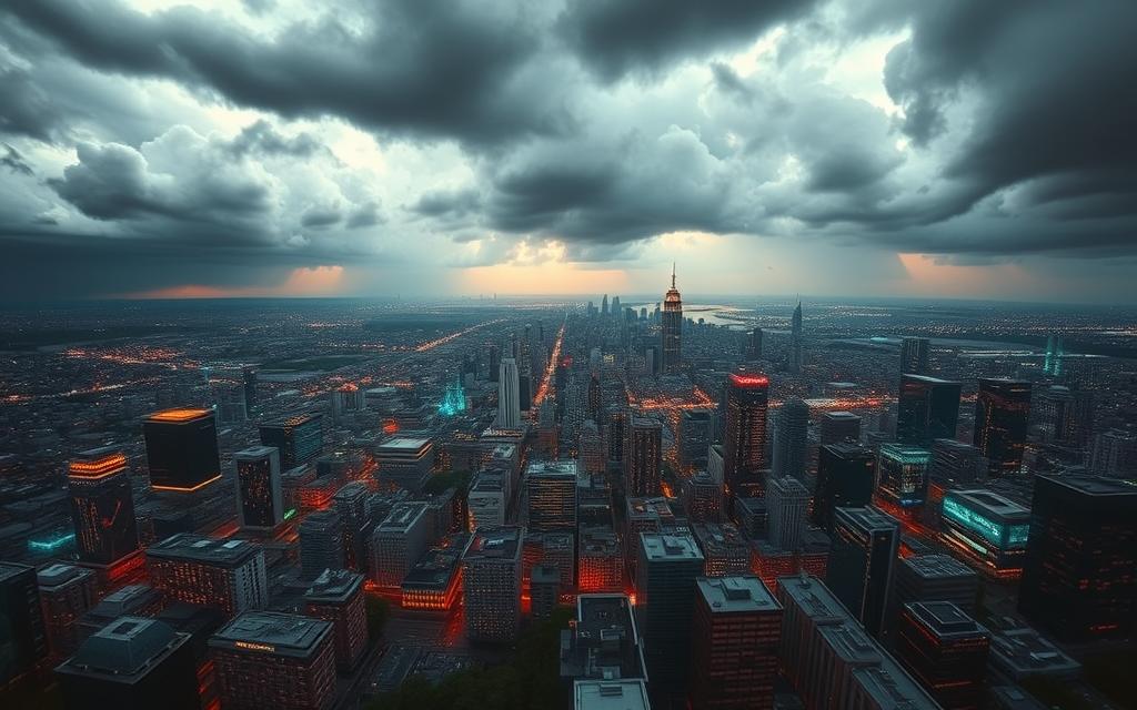 A panoramic cybersecurity landscape, with a bold, dynamic foreground featuring a tangle of digital threats - data breaches, ransomware, phishing attacks, and IoT vulnerabilities. In the middle ground, a digital cityscape pulsing with activity, reflecting the evolving nature of the cyber threat landscape. The background casts an ominous, foreboding atmosphere, with storm clouds gathering, symbolizing the escalating intensity and complexity of modern cyber attacks. Dramatic lighting and cinematic camera angles heighten the sense of urgency and the need for vigilance against the ever-evolving cyber menace.