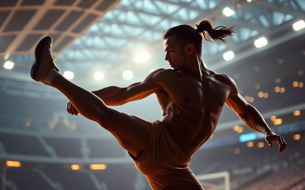 A professional athlete in peak physical condition, their body flowing with dynamic energy, silhouetted against a backdrop of a futuristic sports arena. Bright, precision lighting illuminates toned muscles as they powerfully execute a complex athletic maneuver, capturing the essence of human performance at its finest. The scene evokes a sense of cutting-edge technology, innovation, and the seamless integration of smart wearables that augment and optimize the athlete's capabilities. A bold, immersive composition that conveys the transformative role of smart wearables in elevating sports performance to new heights.