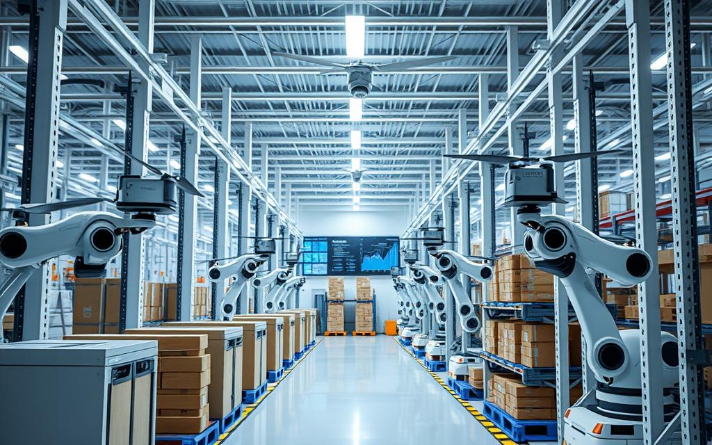 A secure, automated warehouse with robotic arms meticulously organizing and transporting inventory. Bright, diffused lighting illuminates the pristine, sterile environment. Sensor-equipped drones monitor the facility, ensuring seamless operations and mitigating risks. In the background, a control room displays real-time analytics, allowing operators to oversee the entire supply chain process. Sleek, minimalist design elements convey a sense of efficiency and safety. The scene exudes a mood of precision, reliability, and technological sophistication, reflecting the importance of risk management in today's automated supply chains.