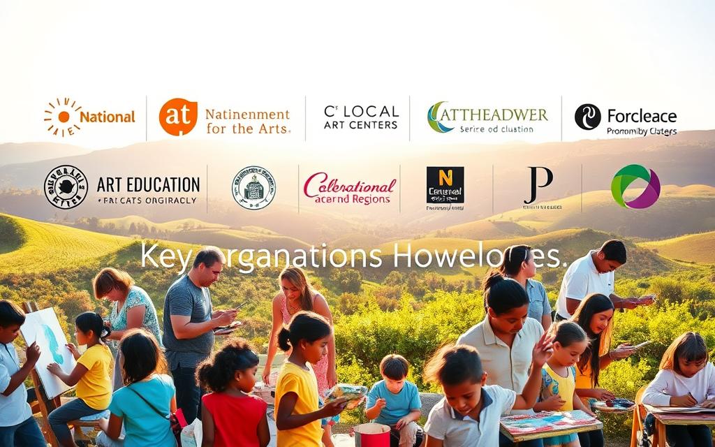 A serene and inspirational scene showcasing key organizations promoting arts education. In the foreground, a diverse group of students and teachers engaged in vibrant artistic activities - painting, sculpting, and performing. In the middle ground, the logos and signage of renowned arts education institutions such as the National Endowment for the Arts, local art centers, and community-based programs. The background features a warm, sun-drenched landscape with rolling hills, lush greenery, and a clear blue sky, conveying a sense of possibility and creativity. The lighting is soft and diffused, creating a welcoming and nurturing atmosphere. Captured through a wide-angle lens, the image presents a holistic and celebratory representation of the vital role these organizations play in fostering the arts in education.