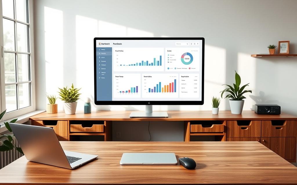 A serene home office setup, illuminated by soft, natural lighting filtering through large windows. On the wooden desk, a laptop, wireless mouse, and a sleek digital dashboard display key performance metrics. Minimalist shelves and potted plants add subtle touches of greenery, while a large, high-resolution monitor dominates the center. The room's neutral tones and clean, modern design create a calming atmosphere, ideal for focused, productive remote work. A sense of order and control prevails, capturing the essence of "Measuring Success in Remote Work".