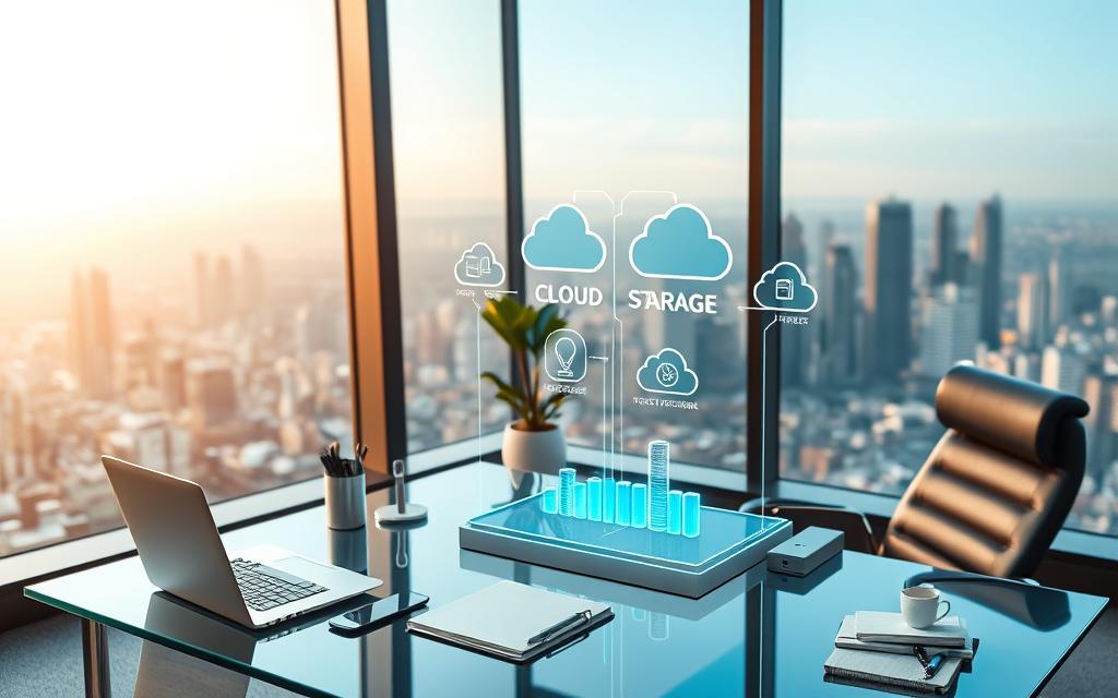 A sleek and modern office setting, with a large window providing a panoramic view of a bustling city skyline. In the foreground, a glass-topped desk houses a laptop, tablet, and neatly organized office supplies. Atop the desk, a holographic display showcases various cloud storage options, each with its own unique icon and data visualization. The middle ground features a stylish, ergonomic office chair and a potted plant, creating a sense of balance and professionalism. The background is bathed in warm, diffused lighting, casting a tranquil atmosphere over the scene. The overall composition conveys a sense of thoughtful consideration as the user navigates the choice of the right cloud storage solution to manage their data.
