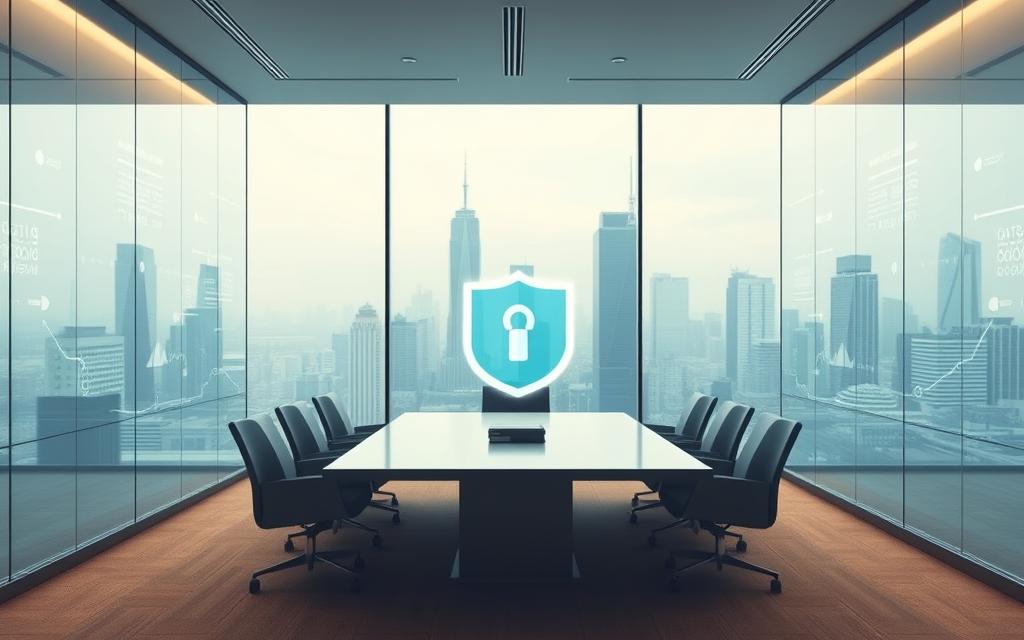 A sleek, minimalist corporate office interior. The foreground features a glass-paneled conference room, its walls adorned with abstract data visualizations projected onto the surfaces. The middle ground showcases a stylized 3D data privacy icon, its form emanating an aura of secure encryption. The background depicts a panoramic city skyline, with towering skyscrapers and a subtle haze creating an atmospheric depth. Soft, indirect lighting casts a warm, professional glow throughout the scene. The overall mood evokes a sense of technological innovation balanced with data protection.