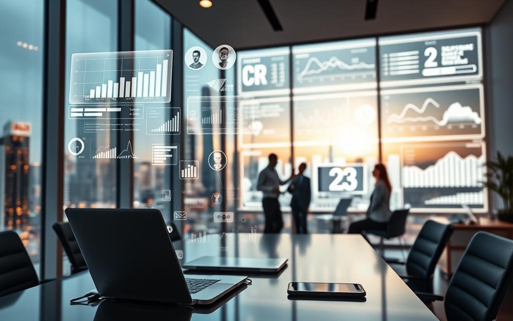 A sleek, modern office interior with a large window overlooking a bustling cityscape. In the foreground, a desk with a laptop, tablet, and smart phone, representing the core tools of a CRM system. Hovering above the devices are holographic projections of customer data, profiles, and analytics. The middle ground features a team of professionals collaborating around a large interactive display, using gesture controls to manipulate CRM insights. The background showcases a dynamic data visualization, illuminating customer trends and predictive models. Soft, ambient lighting casts a warm, productive atmosphere throughout the scene.