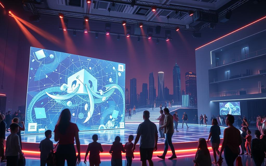 A vibrant, immersive augmented reality entertainment scene. In the foreground, a group of people interacting with a large, dynamic holographic display, their movements seamlessly blending with the virtual content. In the middle ground, a sleek, futuristic stage with cutting-edge projection and lighting systems, creating a mesmerizing spectacle. The background features a modern, minimalist urban setting, with skyscrapers and cityscapes subtly blending into the augmented elements. The lighting is a harmonious combination of warm, natural tones and cool, neon-like accents, casting a captivating glow over the entire scene. The overall atmosphere evokes a sense of wonder, innovation, and the seamless integration of technology and entertainment.