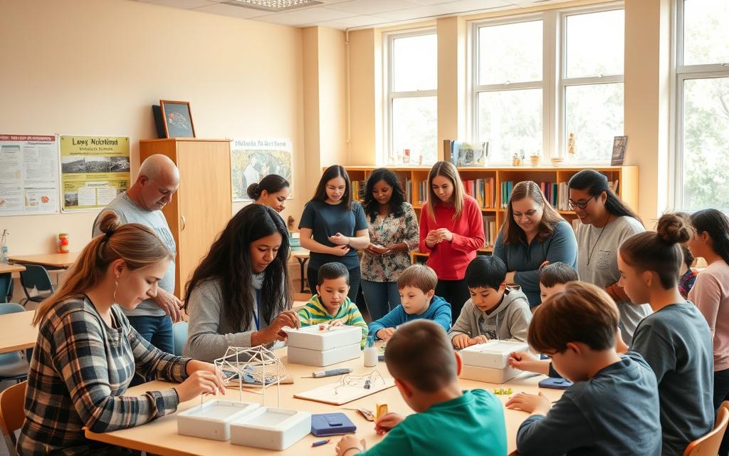 A warm, inviting classroom setting with large windows letting in natural light. In the foreground, a group of adults and children engaged in hands-on educational activities, such as building models or conducting science experiments. In the middle ground, volunteers of diverse backgrounds guiding and assisting the participants. The background features informative posters, bookshelves, and educational resources, creating an atmosphere of learning and community. The overall mood is one of collaboration, discovery, and the joy of shared knowledge.