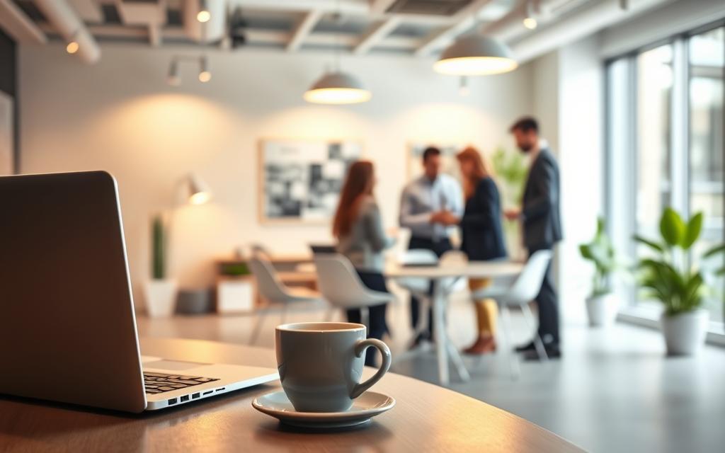 Bright and informative office interior with clean, modern design. Prominent desk in the foreground showcases a laptop, coffee mug, and papers, symbolizing workplace productivity and support. Middle ground features employees in professional attire engaged in a collaborative discussion, conveying the collaborative nature of the Employee Assistance Program. Soft lighting from overhead fixtures casts a warm, reassuring glow, while the background features neutral-toned walls and potted plants, creating a calming atmosphere. The overall scene reflects the comprehensive, compassionate nature of the Employee Assistance Program, designed to support the mental health and well-being of the workforce.