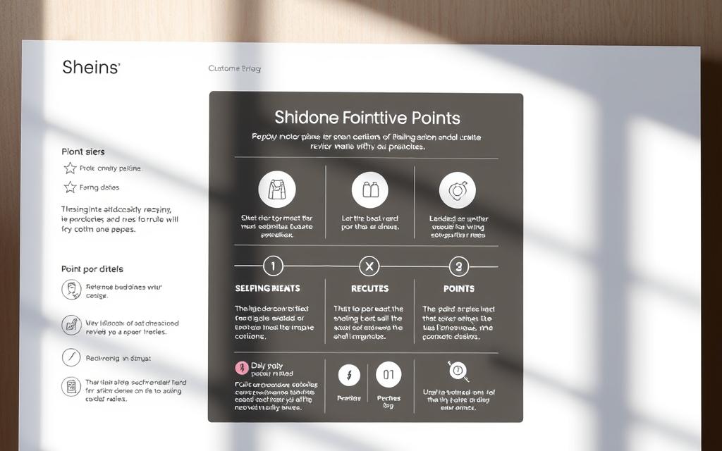 Detailed infographic depicting Shein's customer review program points system. A sleek, modern interface with clean typography and intuitive layout. The foreground showcases a visual representation of the point tiers, their corresponding rewards, and the criteria for earning them. The middle ground features simple iconography and data visualizations to explain the point accrual process. The background has a subtle pattern or texture that complements the branding, creating a cohesive and visually appealing design. Soft lighting from the side casts gentle shadows, enhancing the depth and dimensionality. The overall mood is informative yet aesthetically pleasing, designed to clearly communicate the key aspects of Shein's review program. Detailed infographic depicting Shein's customer review program points system. A sleek, modern interface with clean typography and intuitive layout. The foreground showcases a visual representation of the point tiers, their corresponding rewards, and the criteria for earning them. The middle ground features simple iconography and data visualizations to explain the point accrual process. The background has a subtle pattern or texture that complements the branding, creating a cohesive and visually appealing design. Soft lighting from the side casts gentle shadows, enhancing the depth and dimensionality. The overall mood is informative yet aesthetically pleasing, designed to clearly communicate the key aspects of Shein's review program.