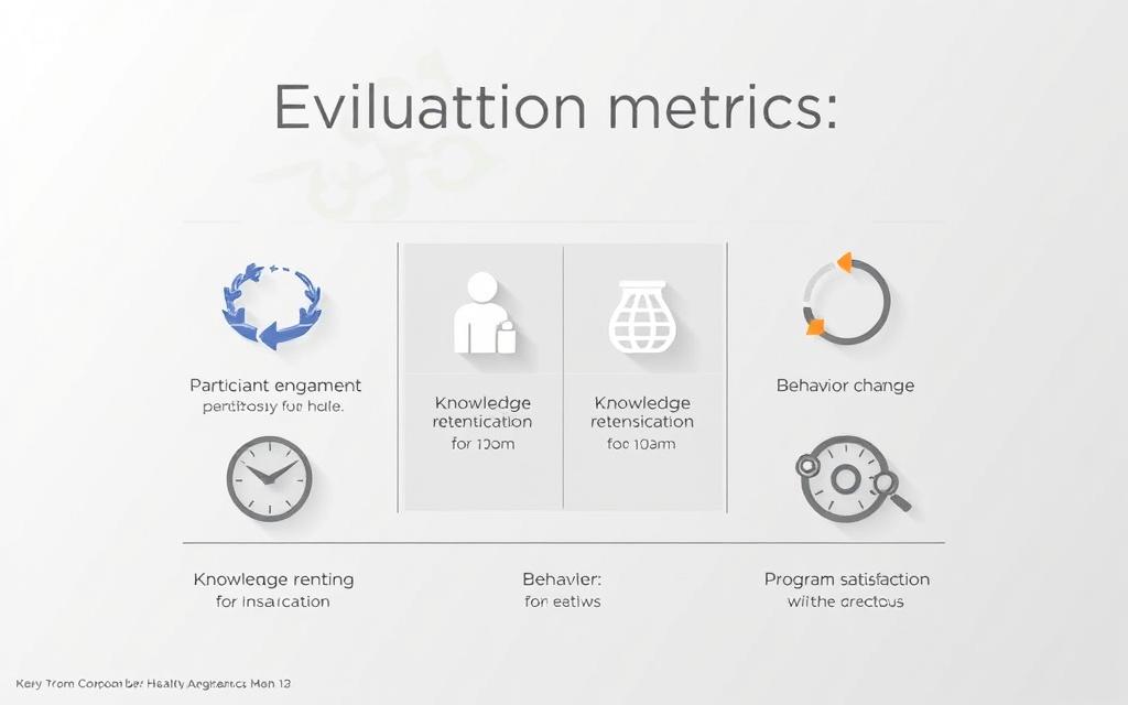 Evaluation metrics for health education programs, depicted in a clean, modern infographic style. Crisp, minimalist visualization of key data points - participant engagement, knowledge retention, behavior change, and program satisfaction. The layout is balanced, with a central grid showcasing these metrics, surrounded by a neutral background of soft gradients. Subtle, muted colors evoke a sense of professionalism and authority. Carefully chosen iconography enhances the data, creating an intuitive, easy-to-digest display. Elegant typography complements the overall aesthetic, guiding the viewer's eye through the information. Soft directional lighting casts subtle shadows, adding depth and dimensionality to the scene.