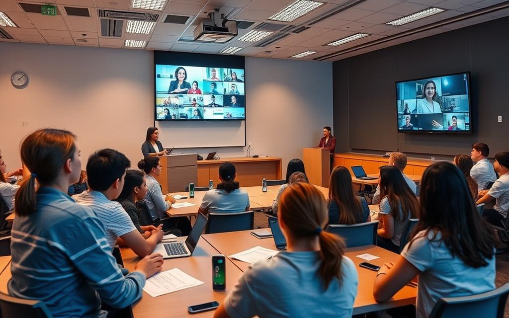 Implementing a successful hybrid education program: a modern classroom with a mix of in-person and virtual students, teachers guiding both groups simultaneously from a podium, dynamic displays showcasing interactive learning materials, warm lighting illuminating the scene, wide-angle lens capturing the collaborative atmosphere, students engaged in lively discussions and project work, seamless integration of digital and physical learning environments.
