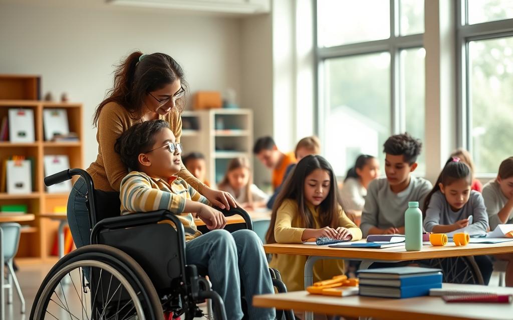 Measuring inclusion success: A serene classroom with diverse students intently focused on their tasks. Soft natural lighting filters through large windows, creating a warm, welcoming atmosphere. In the foreground, a teacher assists a student in a wheelchair, guiding them through an interactive learning activity. In the middle ground, groups of students from different backgrounds collaborate on projects, their expressions engaged and enthusiastic. The background depicts educational tools and resources, symbolizing the accessibility and adaptability of the inclusive learning environment. The overall scene conveys a sense of harmony, progress, and the collective effort towards fostering an inclusive and successful educational experience.
