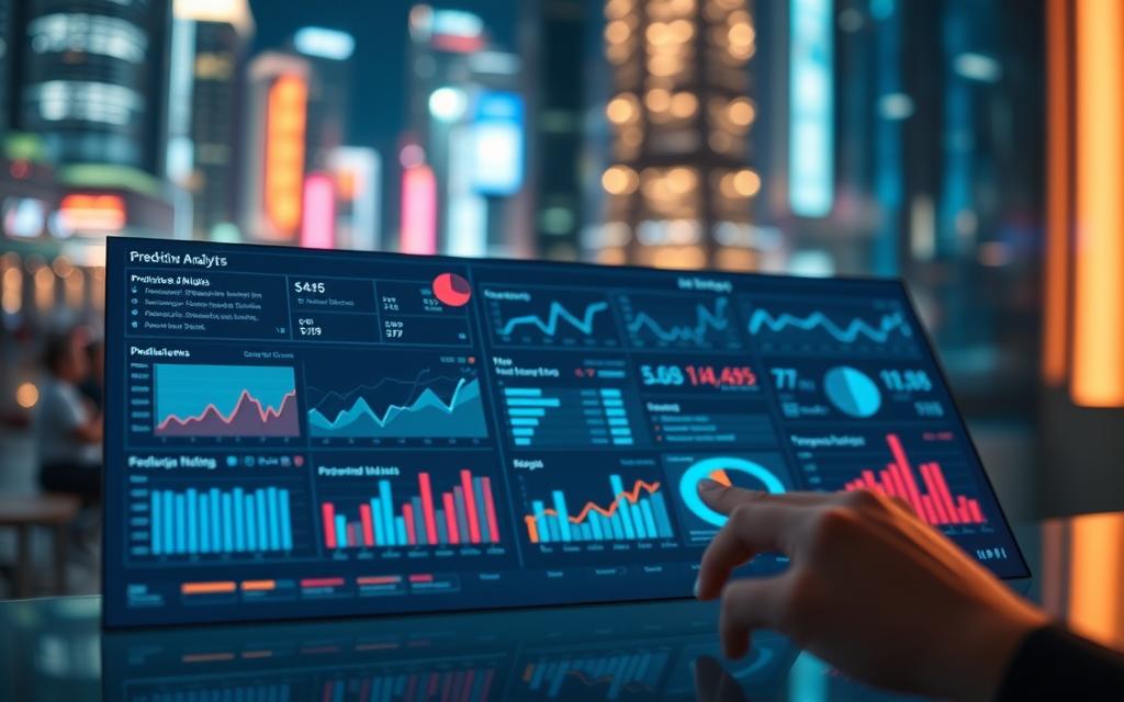 Predictive analytics dashboard with data visualizations, statistical models, and machine learning algorithms. Neon-lit cityscape in the background, conveying the fast-paced, data-driven nature of modern business. Foreground features interactive charts, graphs, and predictive models displayed on a sleek, high-resolution touchscreen interface. Soft, warm lighting illuminates the scene, creating a sense of technological sophistication and forward-thinking innovation. Depth of field effect draws the viewer's attention to the analytical tools and insights at the center of the frame. Overall, a visually striking representation of the power of predictive analytics to drive strategic decision-making.