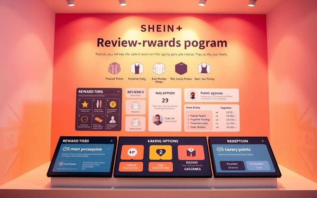 Shein Review Rewards Program: A vibrant, interactive display showcasing the key aspects of Shein's customer rewards program. In the foreground, a modern and intuitive interface depicts various reward tiers, earning criteria, and redemption options, all rendered in a sleek, minimalist design. The middle ground features product review icons, visual representations of the review process, and a points accrual system, conveying the core mechanics of the program. The background sets the scene with a warm, inviting color palette and subtle patterns, creating a welcoming and engaging atmosphere that invites users to explore the program's benefits. Soft, directional lighting enhances the overall aesthetic, while a slightly elevated camera angle provides an engaging, immersive perspective. Shein Review Rewards Program: A vibrant, interactive display showcasing the key aspects of Shein's customer rewards program. In the foreground, a modern and intuitive interface depicts various reward tiers, earning criteria, and redemption options, all rendered in a sleek, minimalist design. The middle ground features product review icons, visual representations of the review process, and a points accrual system, conveying the core mechanics of the program. The background sets the scene with a warm, inviting color palette and subtle patterns, creating a welcoming and engaging atmosphere that invites users to explore the program's benefits. Soft, directional lighting enhances the overall aesthetic, while a slightly elevated camera angle provides an engaging, immersive perspective.