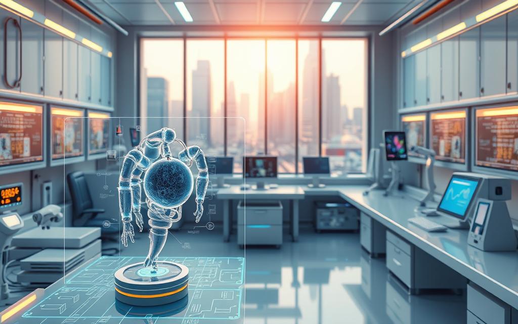 a detailed 3D illustration of a futuristic medical laboratory with cutting-edge AI-powered diagnostic equipment and biotechnology tools, bathed in warm, soft lighting that creates a sense of innovation and scientific progress. In the foreground, a holographic display showcases a complex molecular simulation, while in the middle ground, robotic arms delicately manipulate microscopic biological samples. The background is filled with sleek, high-tech workstations, data visualization screens, and a panoramic window revealing a cityscape of gleaming skyscrapers, symbolizing the integration of AI and biotechnology in the urban healthcare landscape.