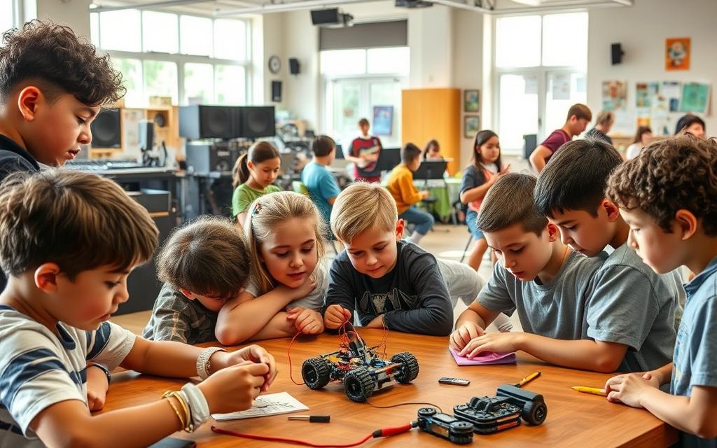 a detailed, high-resolution image of a variety of after-school programs in a vibrant, well-lit community center. In the foreground, a group of elementary school students engaged in a hands-on STEM activity, working intently on building a simple robot. In the middle ground, a group of teenagers participating in a lively music production class, using professional-grade equipment. In the background, a room with a cozy reading nook where younger kids are immersed in books, and an art studio where students of all ages are painting and drawing. The atmosphere is one of learning, creativity, and community, with natural lighting flooding the space through large windows.