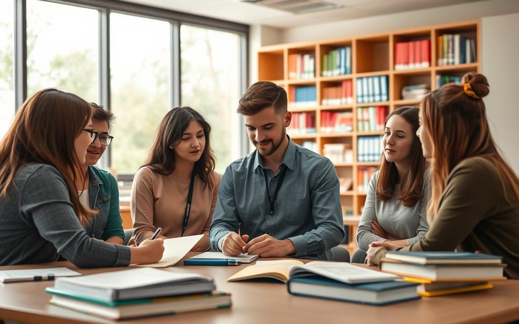 education courses, focused on teacher training, set in a modern, well-equipped classroom. In the foreground, a group of student teachers engaged in collaborative learning, discussing curriculum development and pedagogical strategies. In the middle ground, shelves filled with textbooks, teaching materials, and educational resources. The background features large windows allowing natural light to flood the space, creating a warm and inviting atmosphere conducive to learning. The scene is captured with a wide-angle lens, conveying a sense of depth and spaciousness. The lighting is soft and diffused, creating a sense of calm and professionalism. The overall mood is one of a dynamic, forward-thinking learning environment dedicated to improving education quality through robust teacher training.
