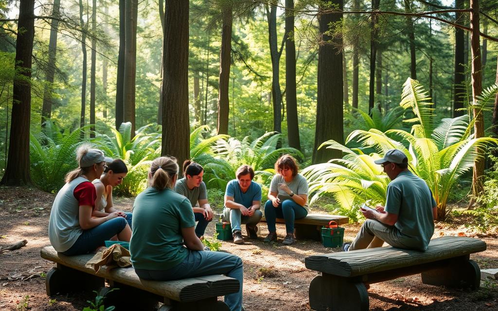 nature-based education workshops held outdoors in a lush forest clearing, with a group of adults engaged in hands-on activities like planting native species, building birdhouses, and exploring the ecosystem. Soft, diffused sunlight filters through the canopy, casting a warm, inviting glow on the scene. The participants are seated on natural log benches, intently focused on their tasks, while an instructor guides them with enthusiasm. In the background, tall trees and ferns create a serene, verdant backdrop, conveying a sense of tranquility and connection to the natural world. The overall atmosphere is one of learning, discovery, and environmental stewardship.